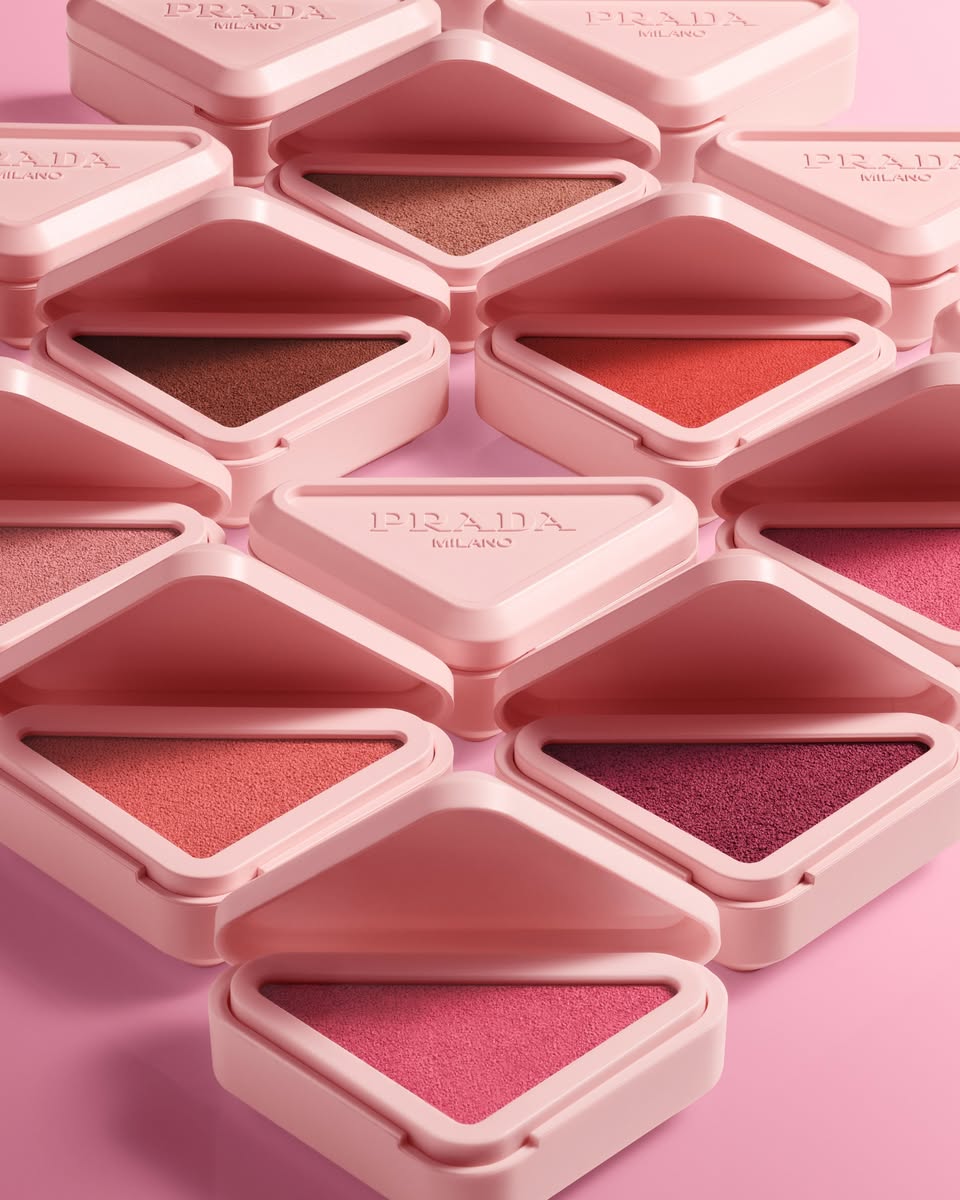 Prada Milano triangular eyeshadow palettes in pink, coral, bronze, and purple shades