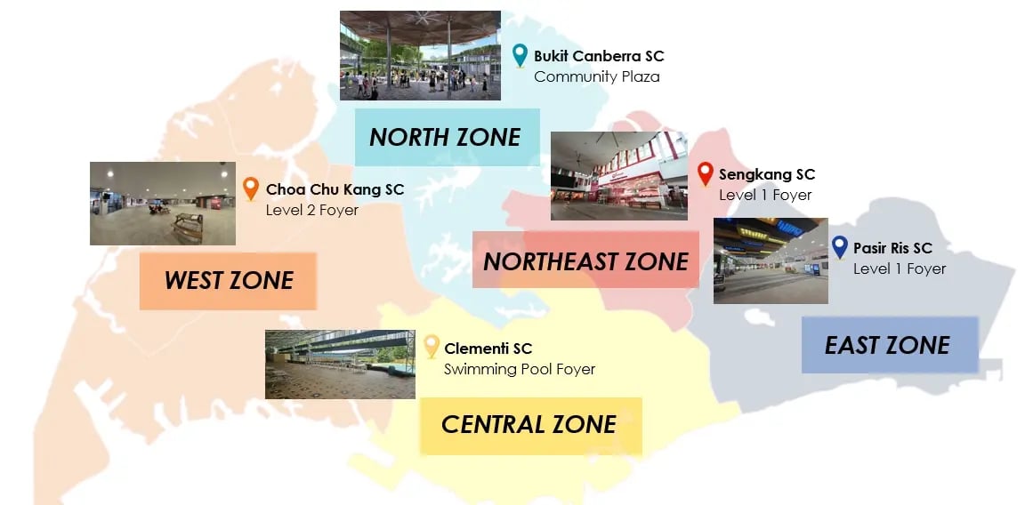 Lau Pa Sat hawker centre floor with World Cup 2026 screening screens near Raffles City