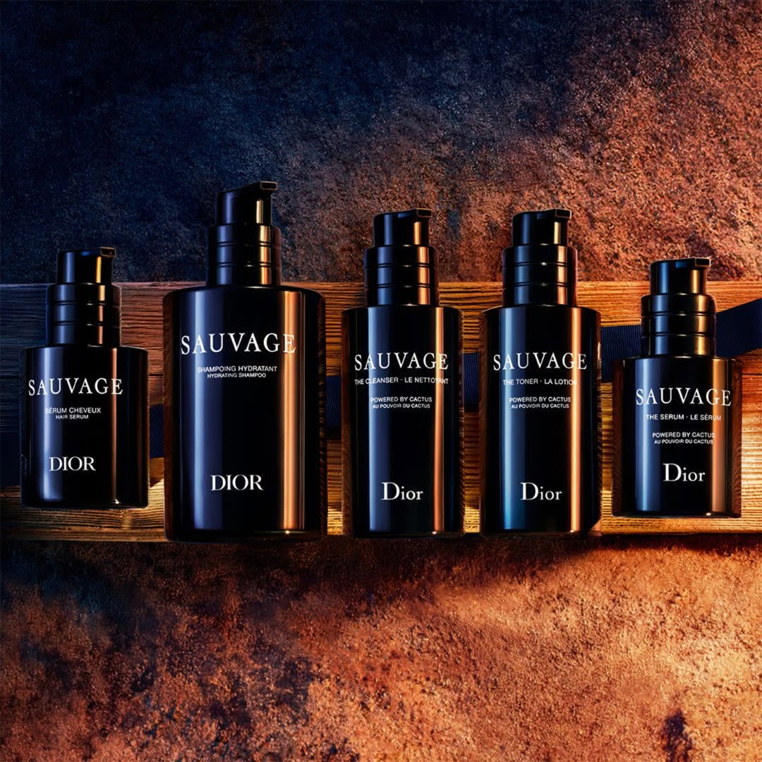 Dior Sauvage grooming collection five products on wooden shelf at Dior Beauty Raffles City