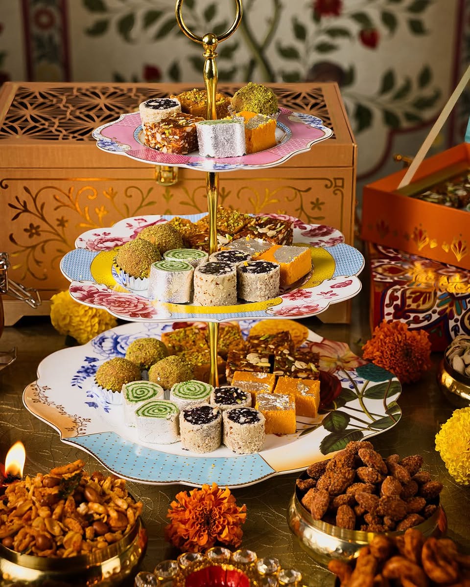 Close-up of intricately designed mithai, showcasing vibrant colors and textures.