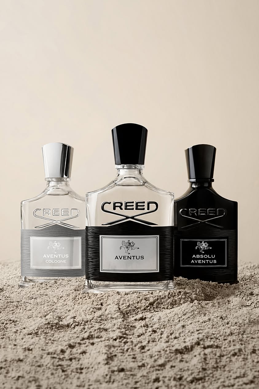 Creed Aventus Cologne, Aventus, and Absolu Aventus bottles
