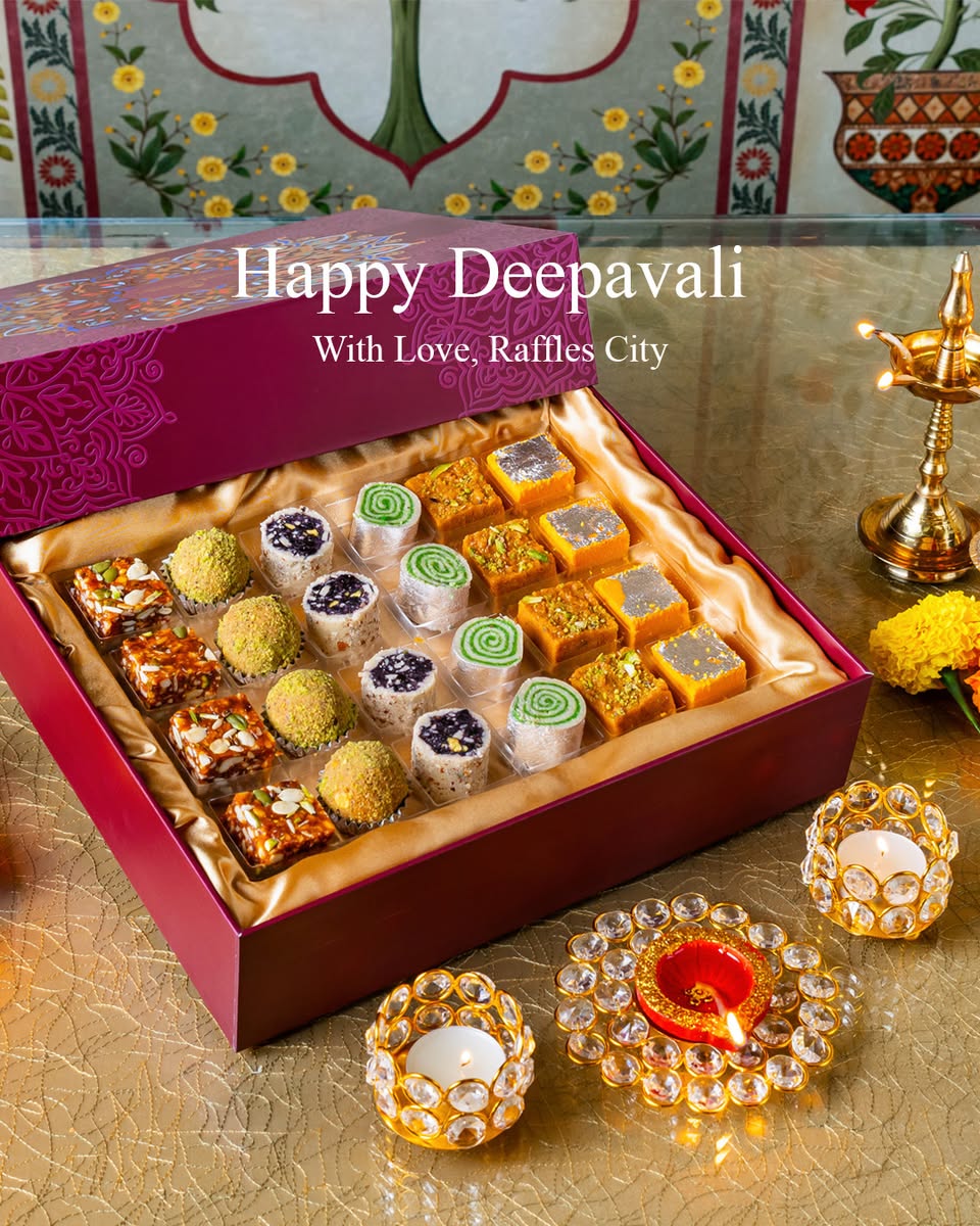 A variety of traditional Indian sweets, beautifully arranged for Deepavali.