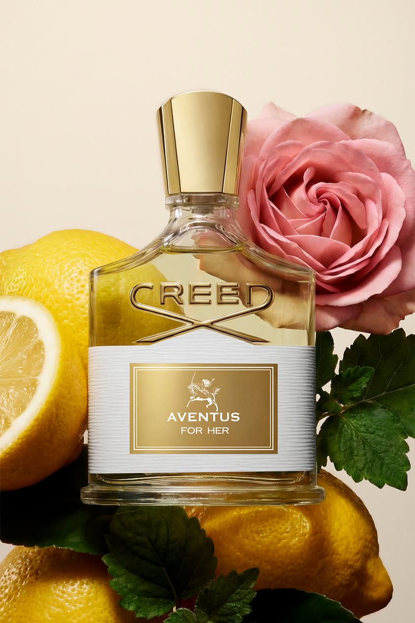 Creed Aventus for Her with lemons and pink rose