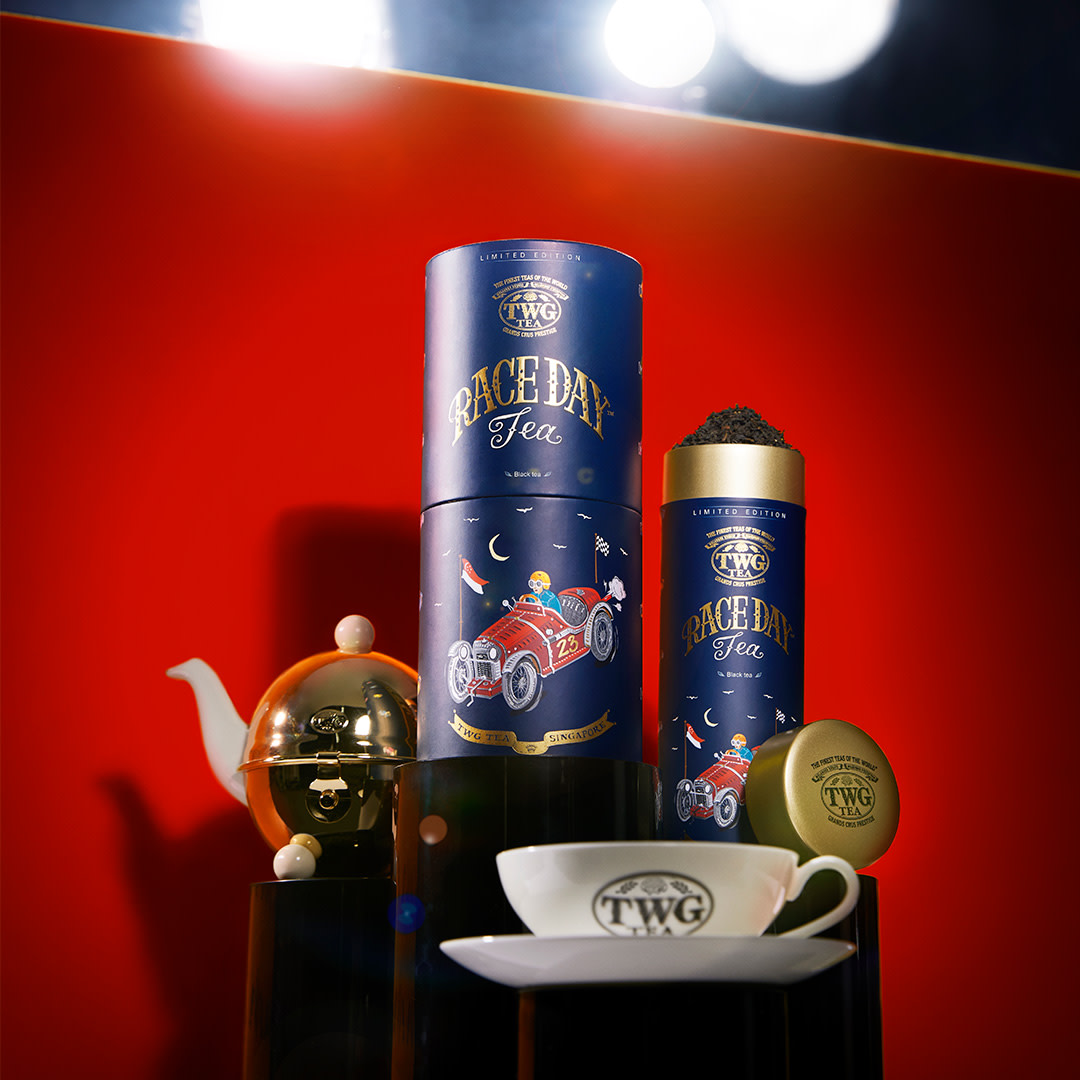 A cup of TWG Tea's Race Day Tea, inspired by Formula 1