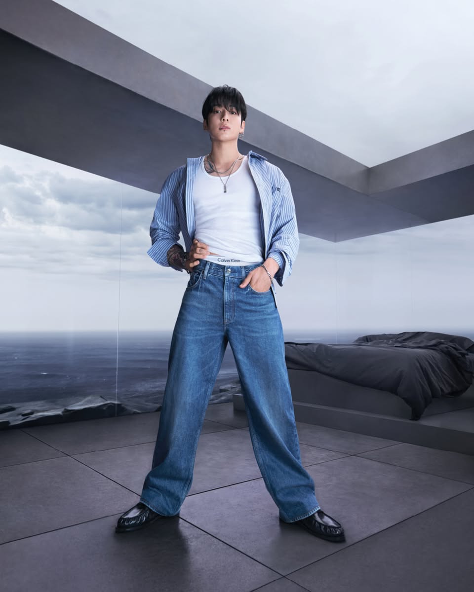 Jungkook showcasing 90s inspired denim fashion