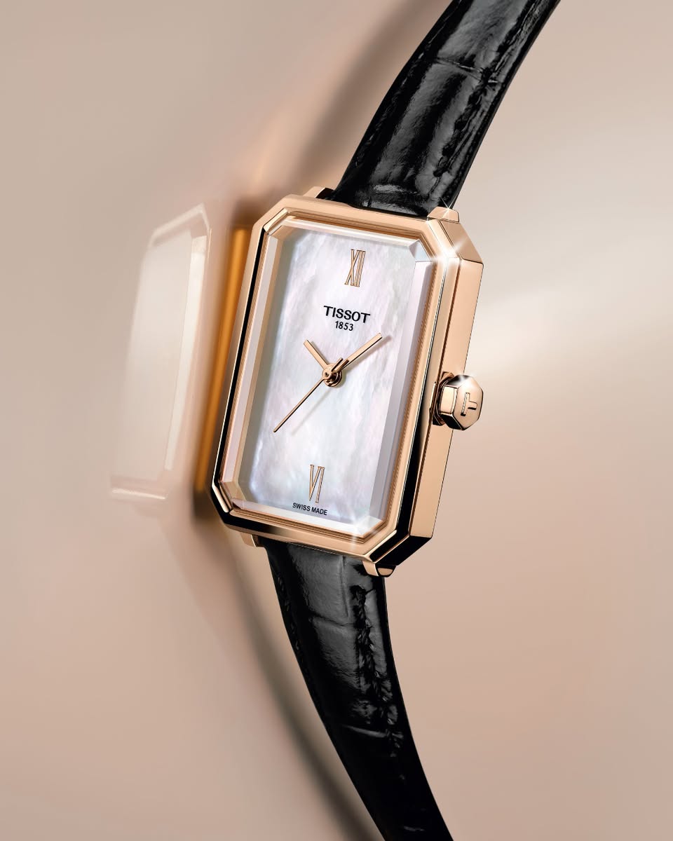 An overhead shot of a Tissot SRV timepiece, revealing its sophisticated case design.