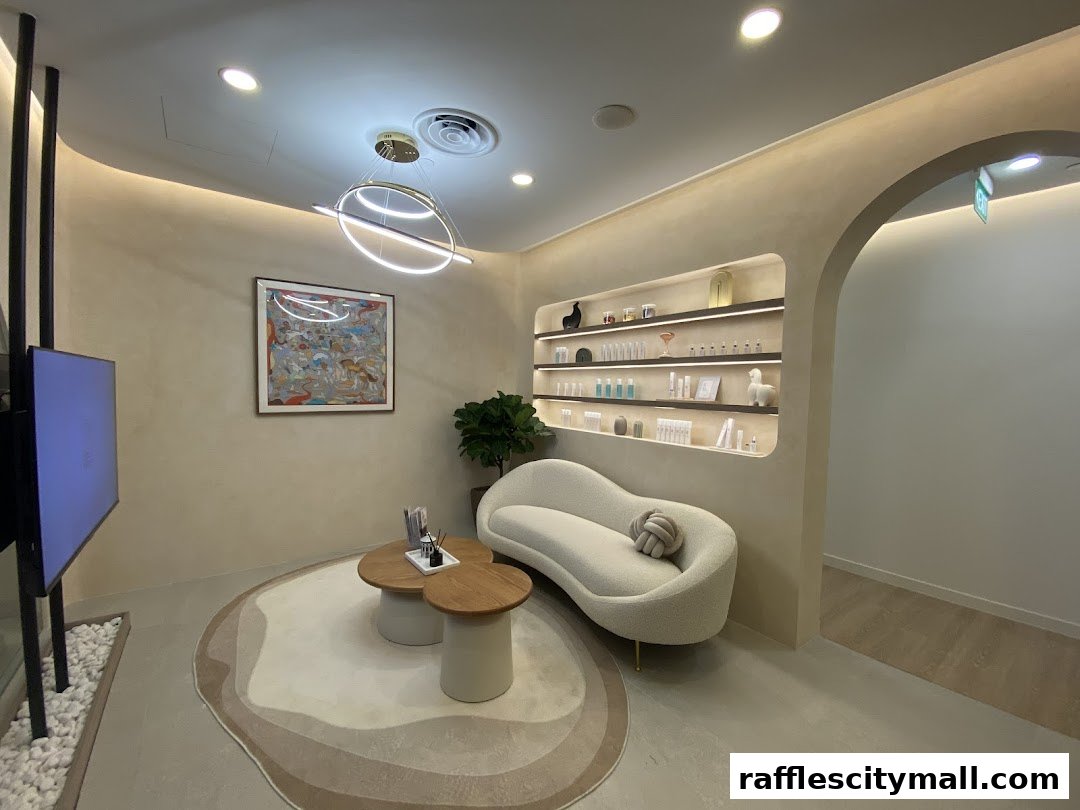 Interior of a modern aesthetic clinic with a curved sofa, coffee tables, and shelves displaying products.