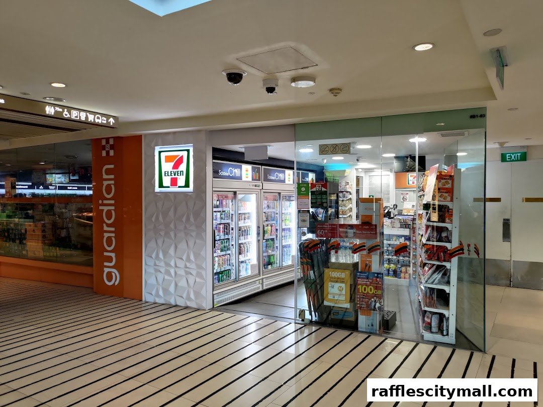 The exterior of a 7-Eleven convenience store with a Guardian store next to it.