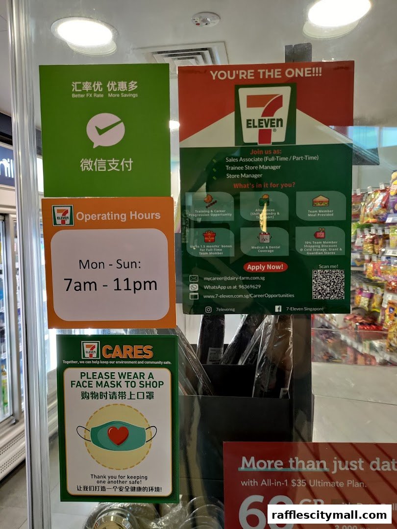 A 7-Eleven store window displays operating hours, job openings, and COVID-19 safety guidelines.