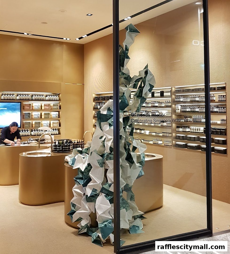 Interior of an Aesop store with shelves of products and a decorative paper sculpture.