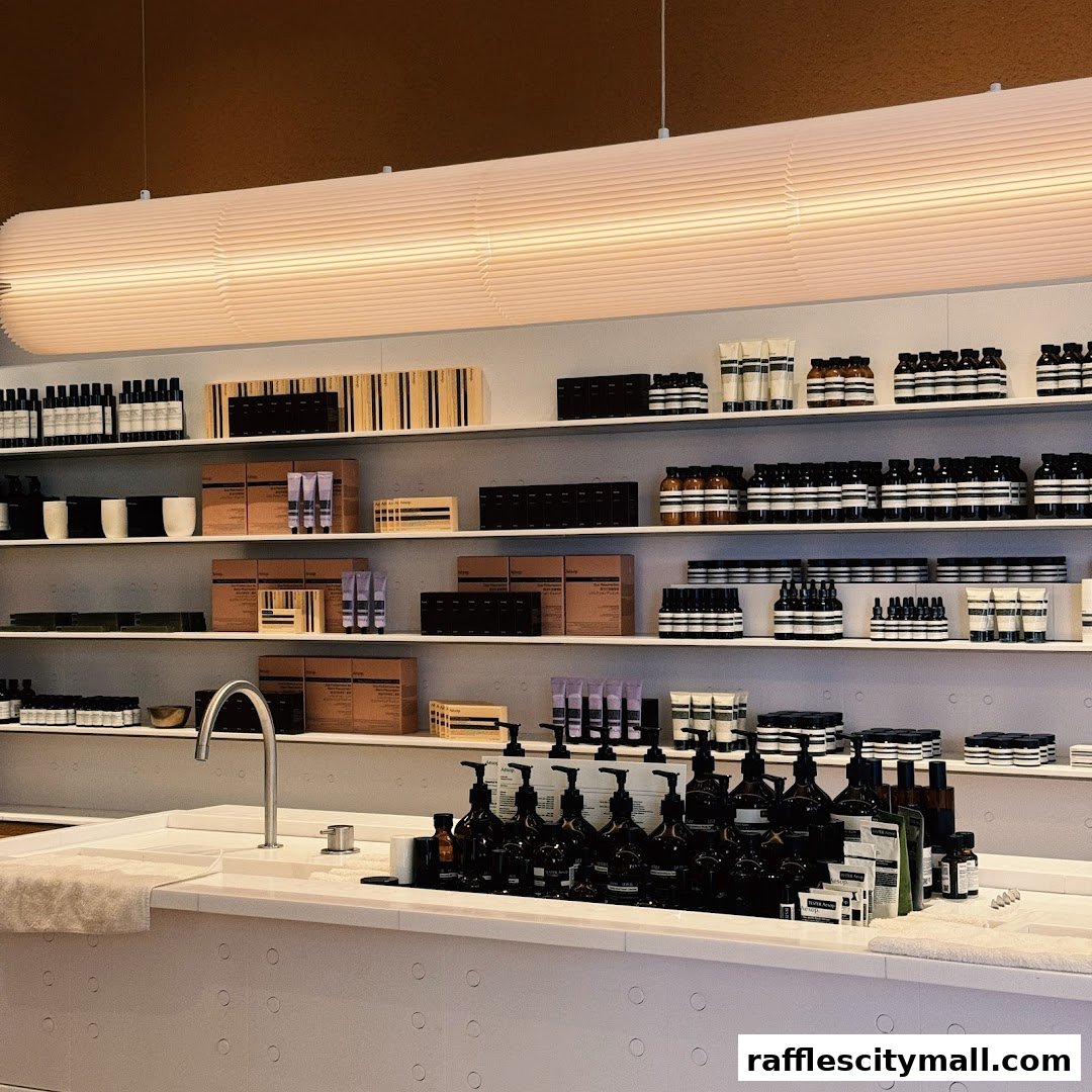 Interior shot of an Aesop store showcasing shelves filled with skincare and body care products.