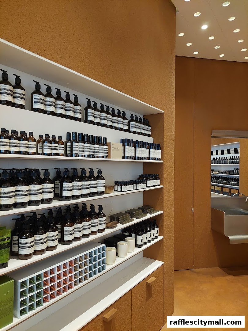 Shelves stocked with Aesop skincare and body care products in a minimalist store interior.