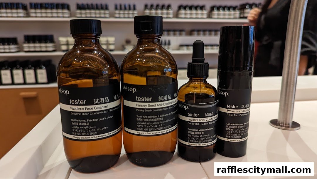 Four Aesop skincare products, including cleansers and facial concentrates, displayed on a white counter.