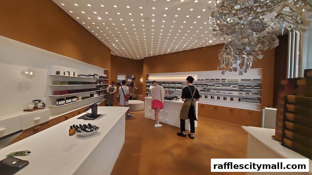 Interior of an Aesop store with shelves stocked with products and customers browsing.