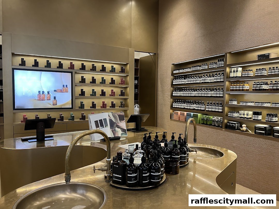 Interior of an Aesop store showcasing shelves of skincare products and a central counter with sinks.