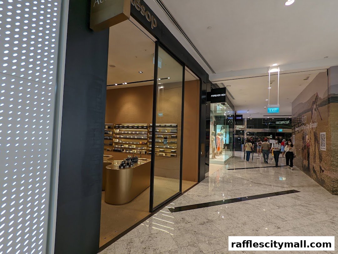 The exterior of an Aesop shop with a well-lit interior showcasing products.