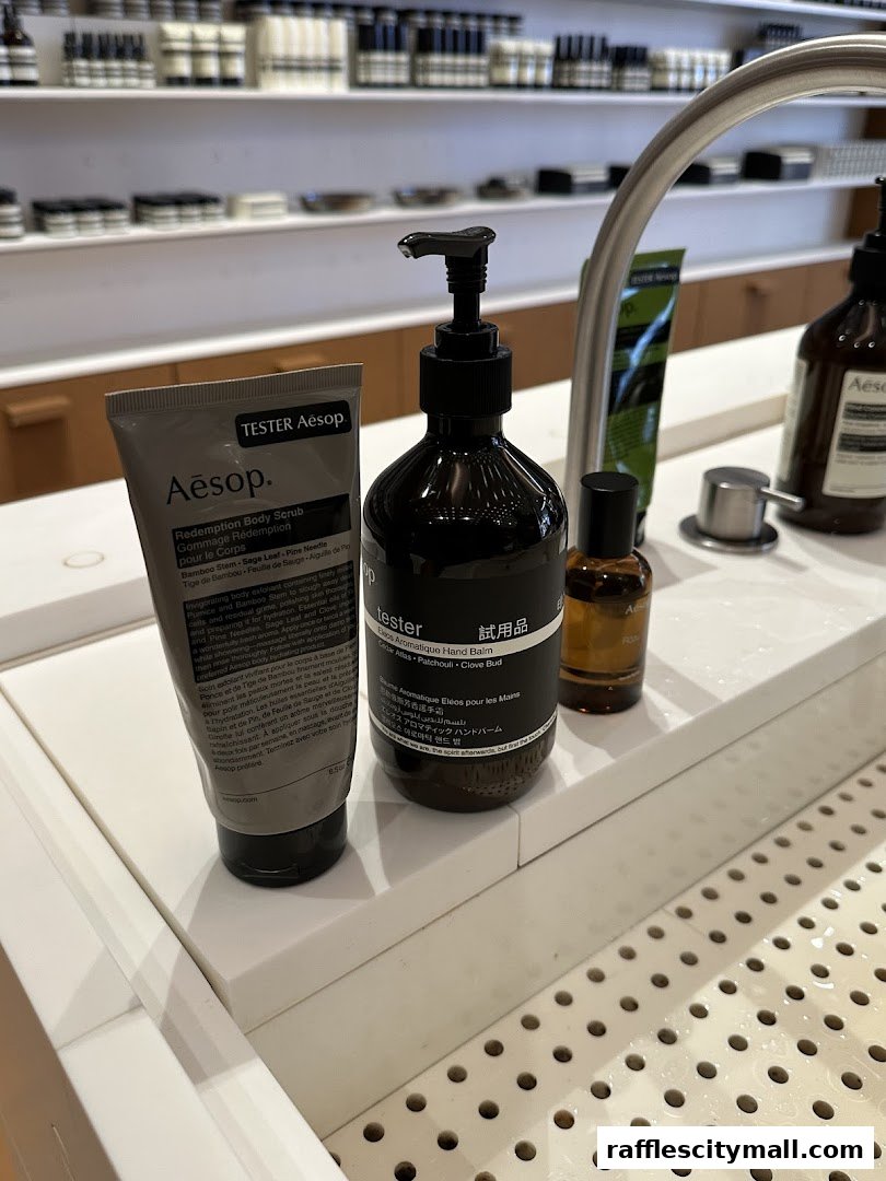Aesop products, including a body scrub and hand balm, displayed on a white counter.