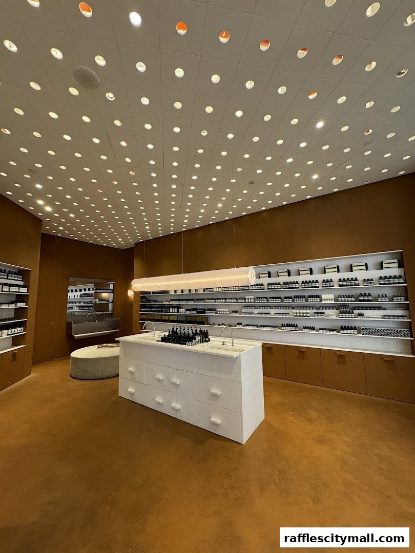 Interior view of an Aesop store with shelves stocked with products and a central display.