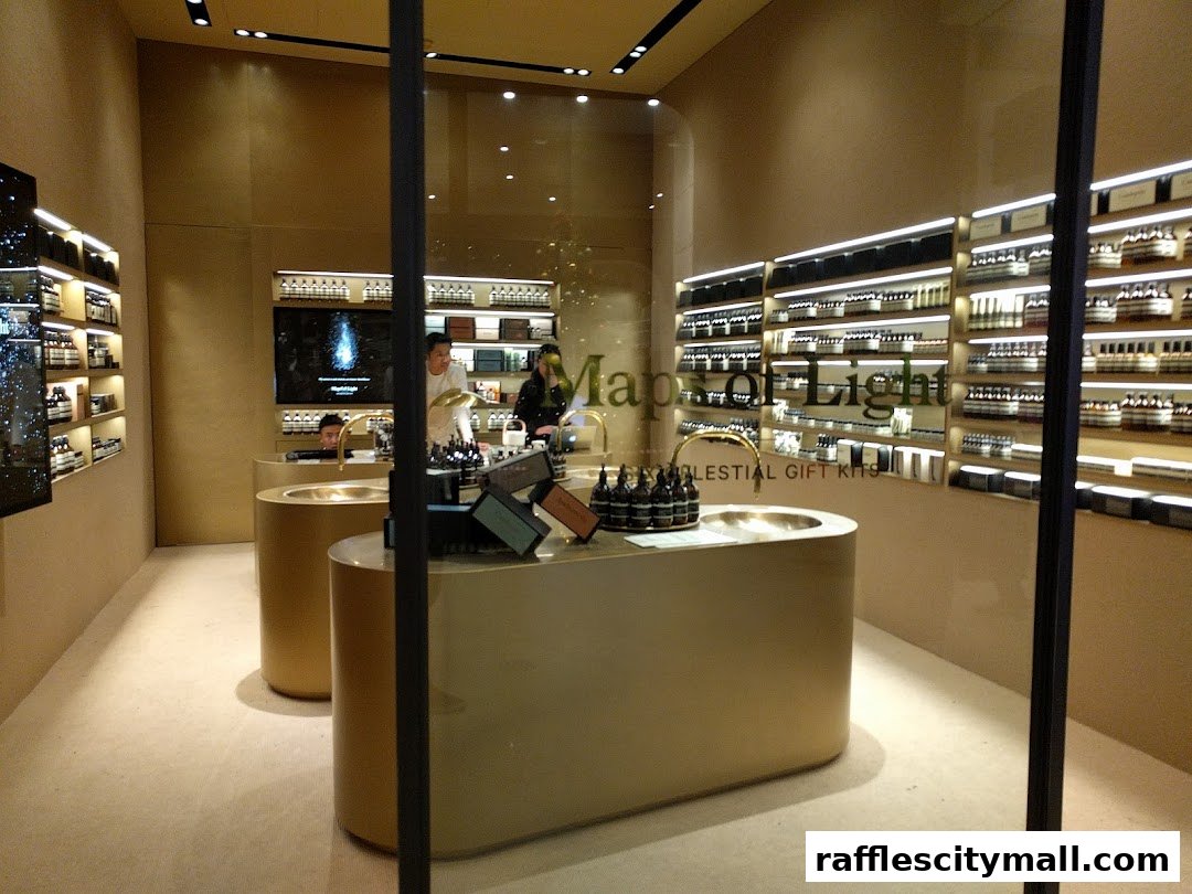 Interior view of an Aesop store with shelves stocked with products and a central display.