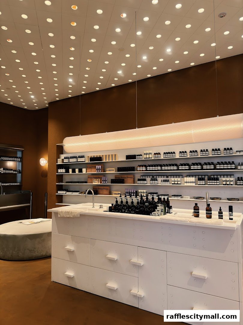 Interior of an Aesop store featuring shelves stocked with products and a central white counter.