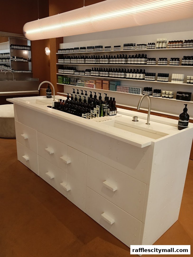Interior shot of an Aesop store showcasing shelves stocked with skincare products and a central counter.