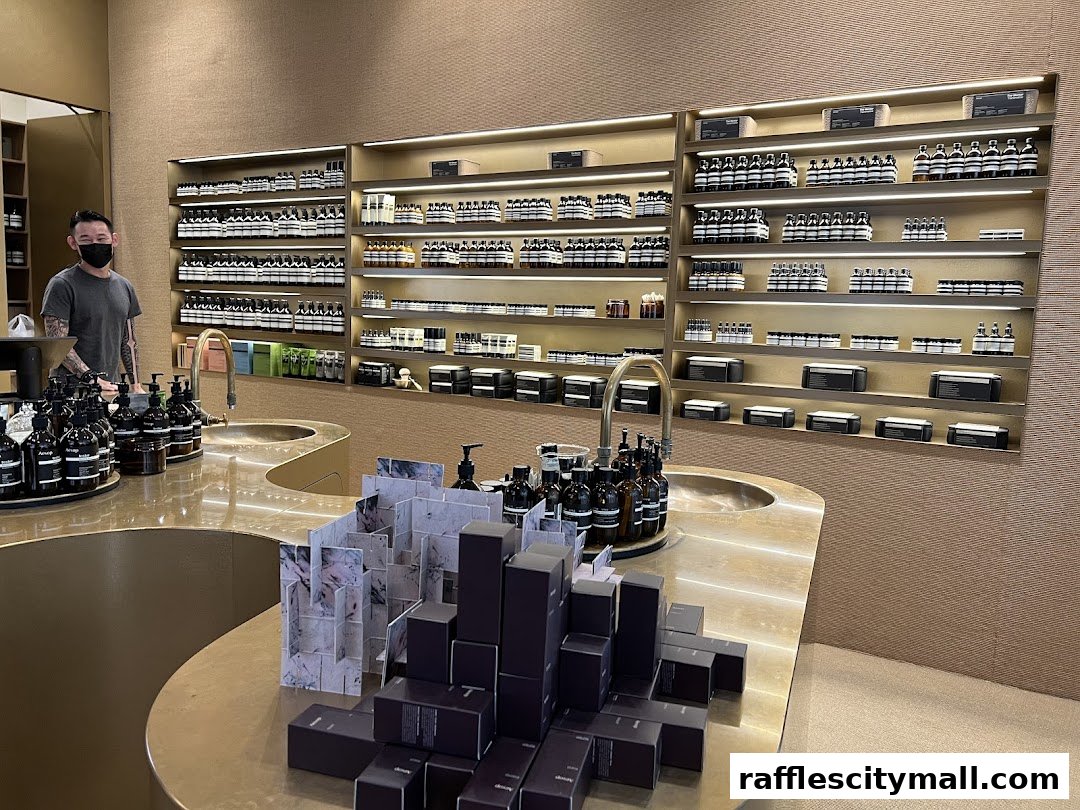 An Aesop store interior with shelves stocked with skincare products and a display counter.