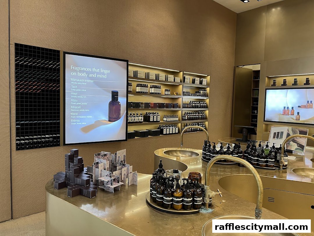 Interior of an Aesop store showcasing fragrances and skincare products on shelves and counters.