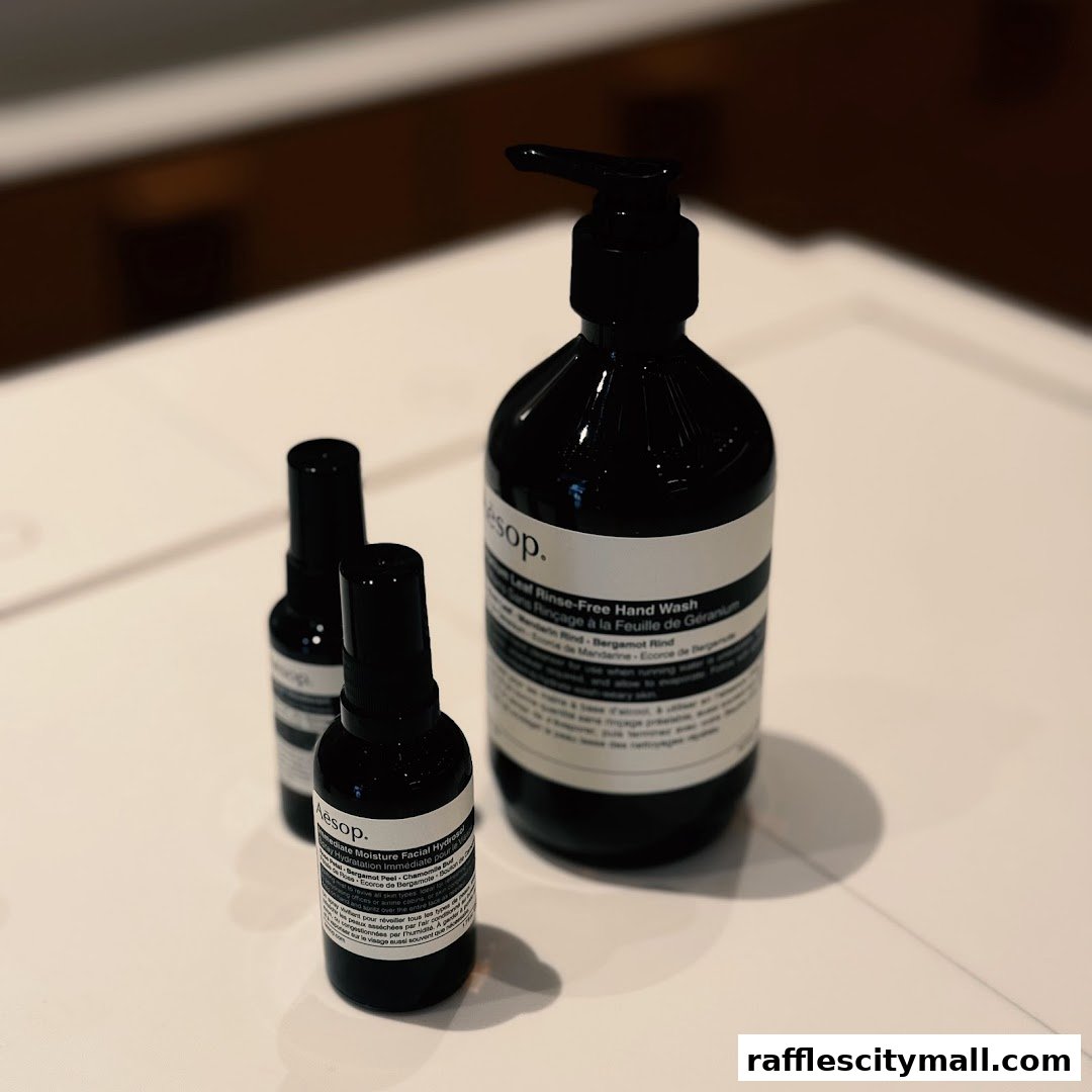 Three Aesop branded bottles, one large hand wash and two smaller spray bottles, are displayed on a white surface.