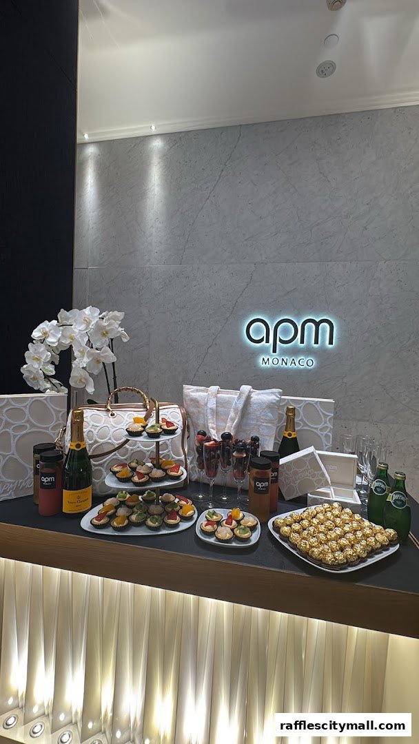 A display of APM Monaco merchandise, champagne, and gourmet treats.