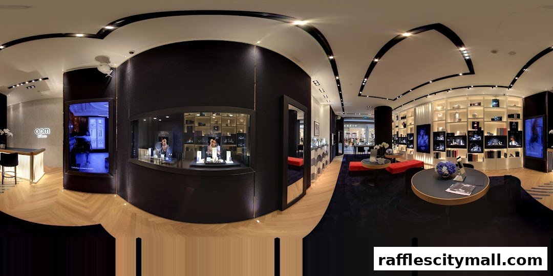 Interior view of a luxurious APM Monaco jewelry store with display cases and seating areas.