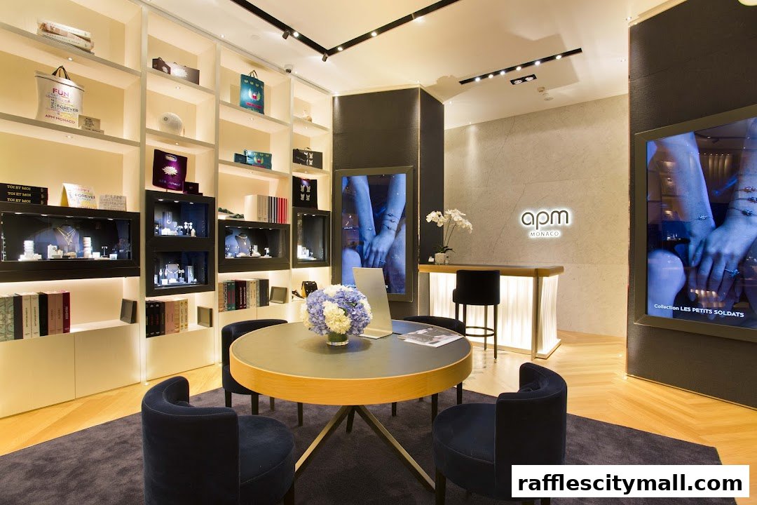 Interior of APM Monaco Singapore Raffles City showcasing jewelry displays and seating.