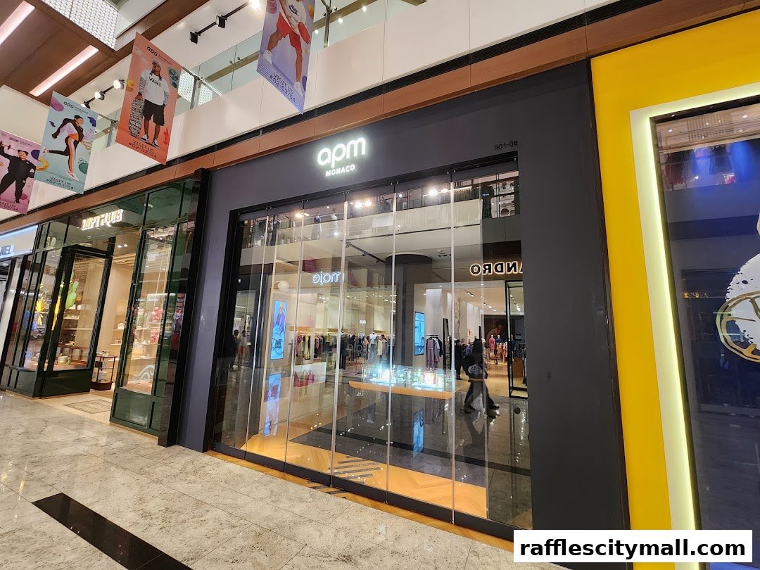 The APM Monaco Singapore Raffles City shop front with its modern facade and display windows.