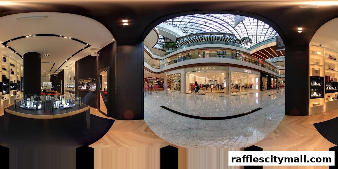 Interior view of a luxury jewelry store and surrounding mall shops.