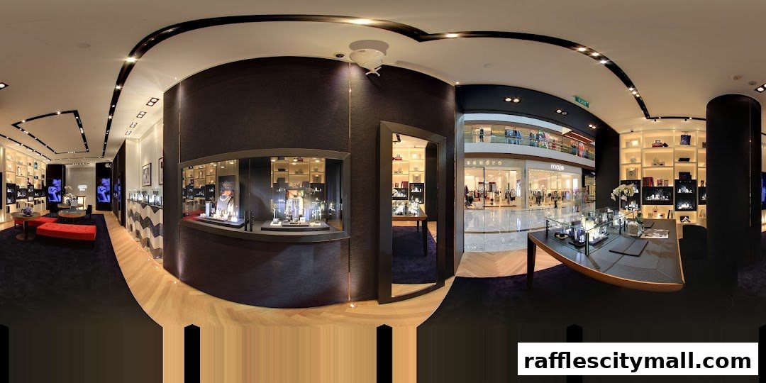 Interior view of a luxury jewelry store with display cases and seating.