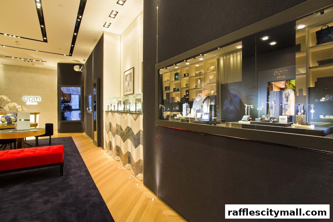 Interior view of a modern jewelry store with display cases and seating.