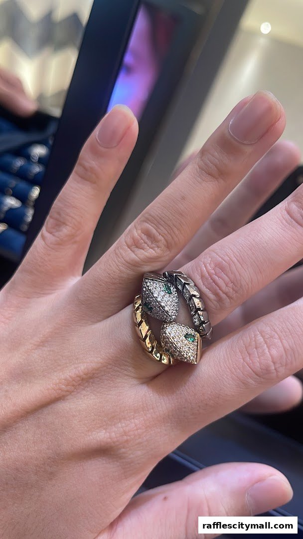 A hand wearing two APM Monaco snake rings, one gold and one silver, adorned with diamonds and emeralds.