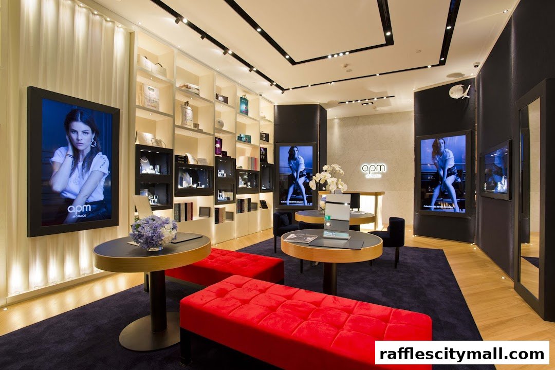 Interior of a modern jewelry store with display cases, digital screens, and seating.
