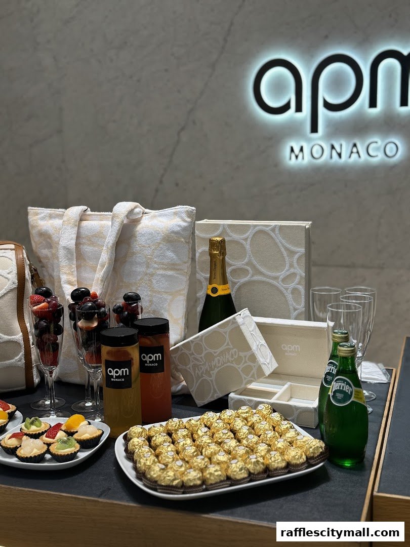 APM Monaco display with champagne, chocolates, fruit tarts, drinks, and branded bags.