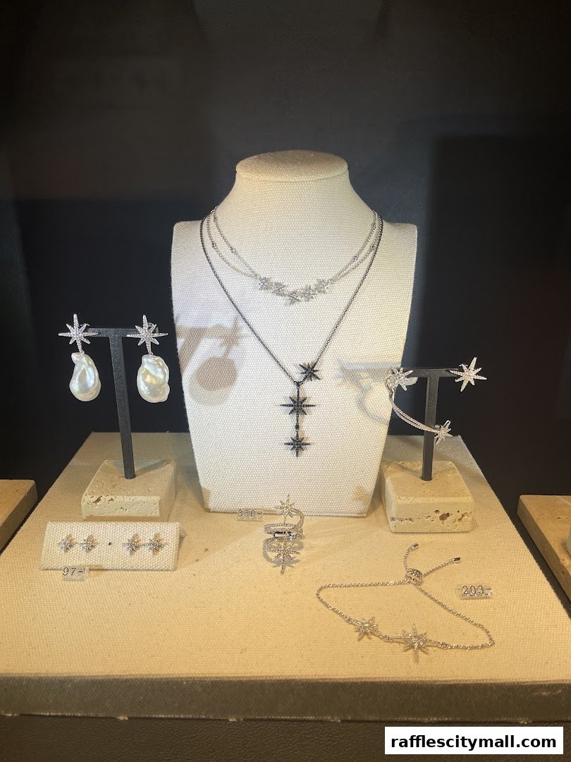 A display of sparkling star-themed jewelry, including necklaces, earrings, a ring, and a bracelet.