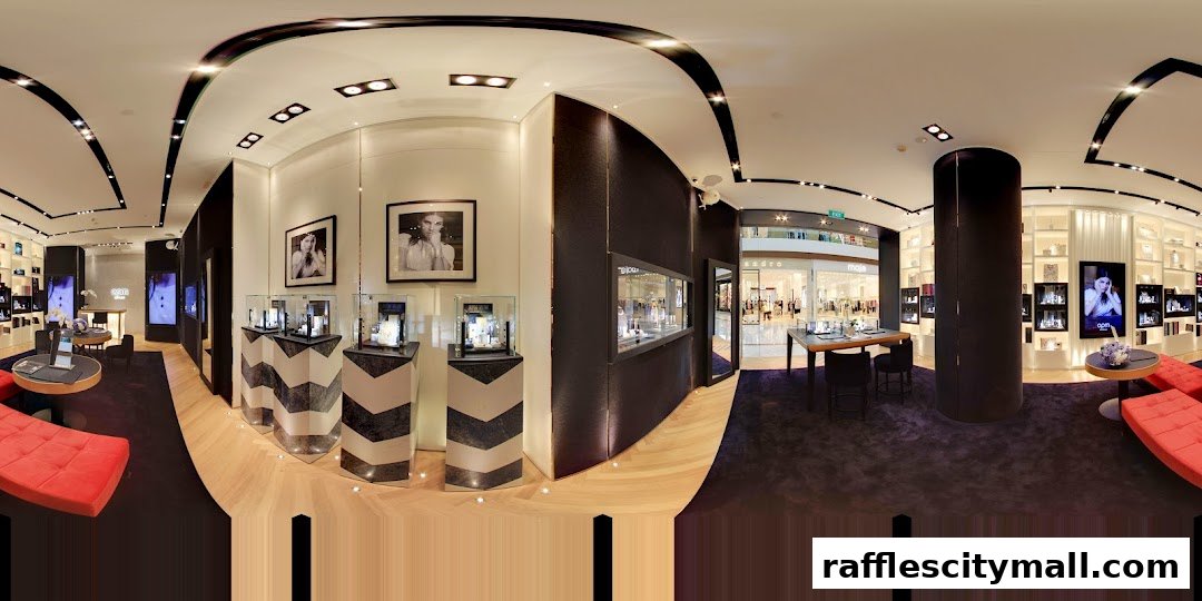 Interior view of a modern jewelry store with display cases, seating, and artwork.