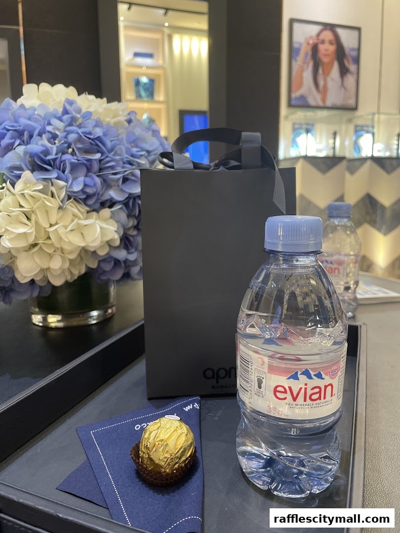 A tray with a Ferrero Rocher, Evian water bottle, and a gift bag at APM Monaco.