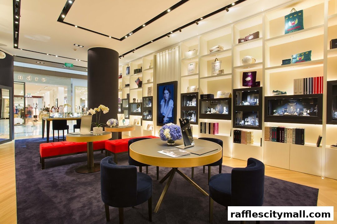 Interior of a modern jewelry store with display cases, seating, and merchandise.
