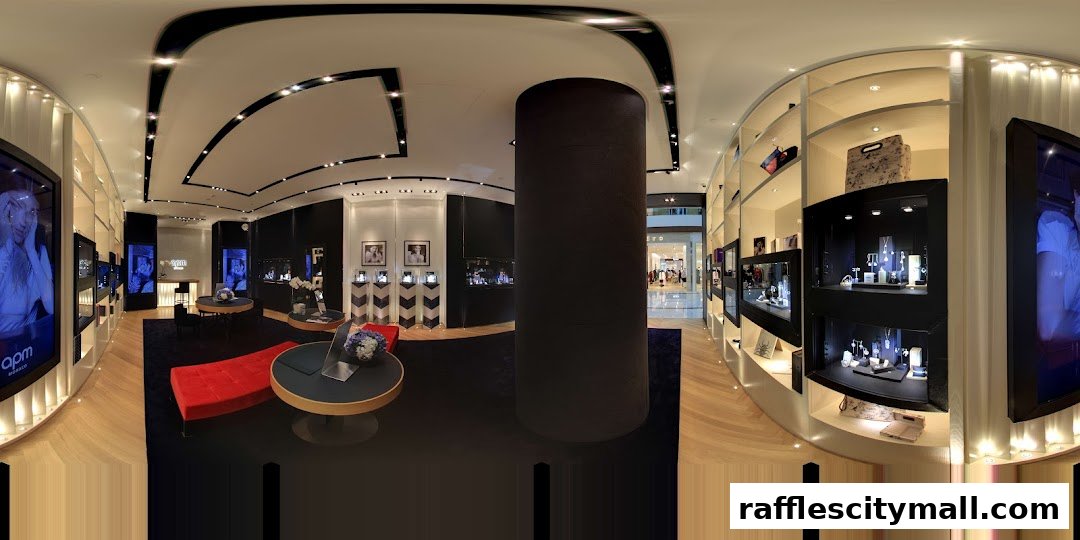 Interior view of a modern jewelry store with display cases, seating, and digital screens.
