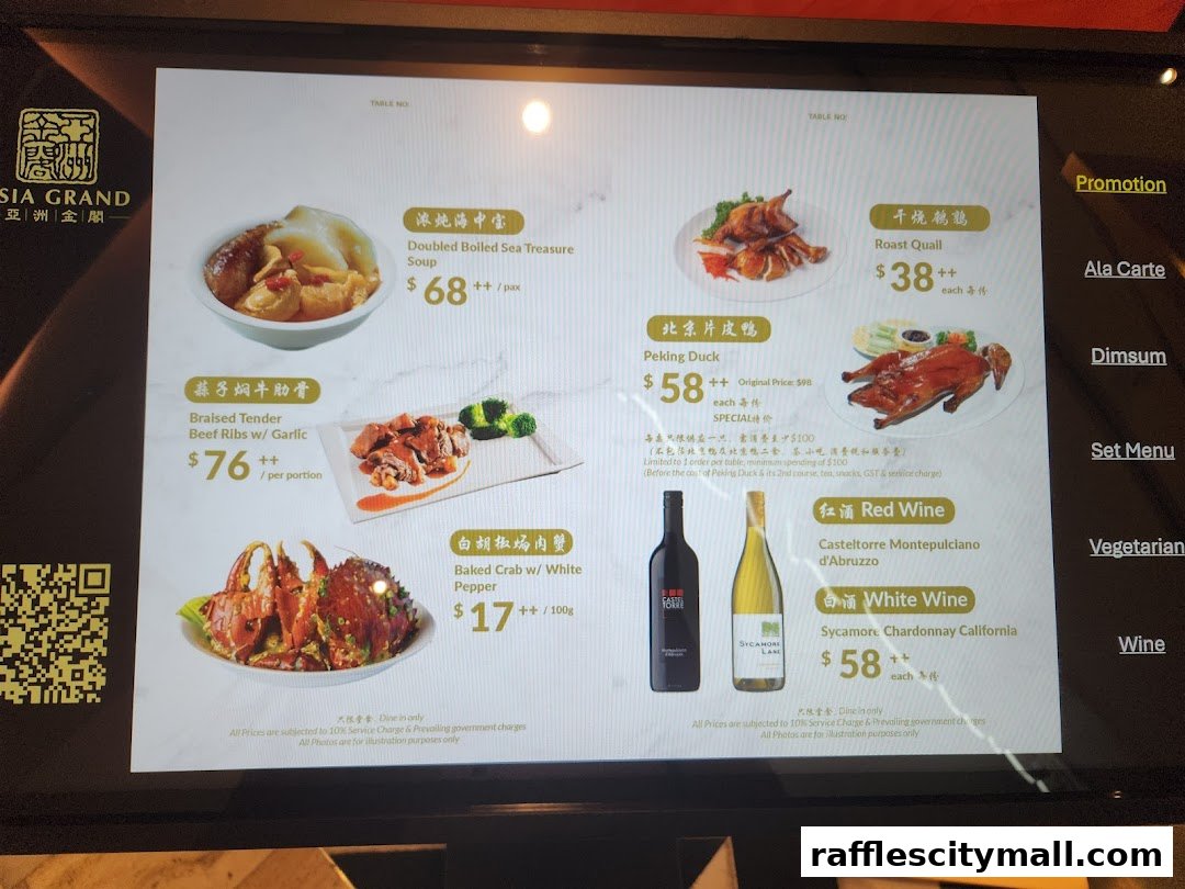 A digital menu displaying various Asian dishes and wines with prices.