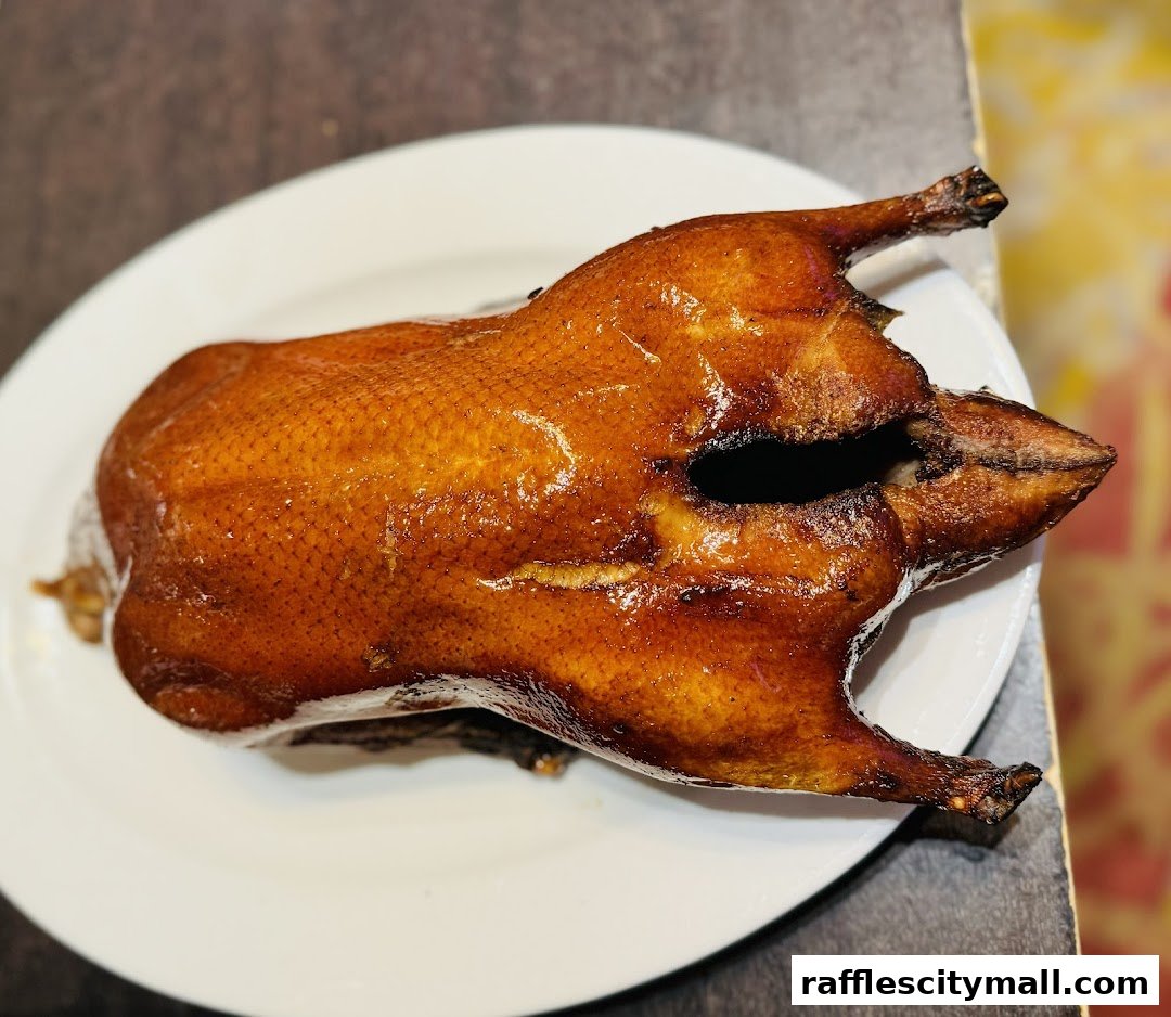 A whole roasted duck with crispy, golden-brown skin served on a white plate.