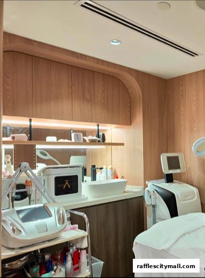 Interior of a modern beauty treatment room with advanced equipment and skincare products.