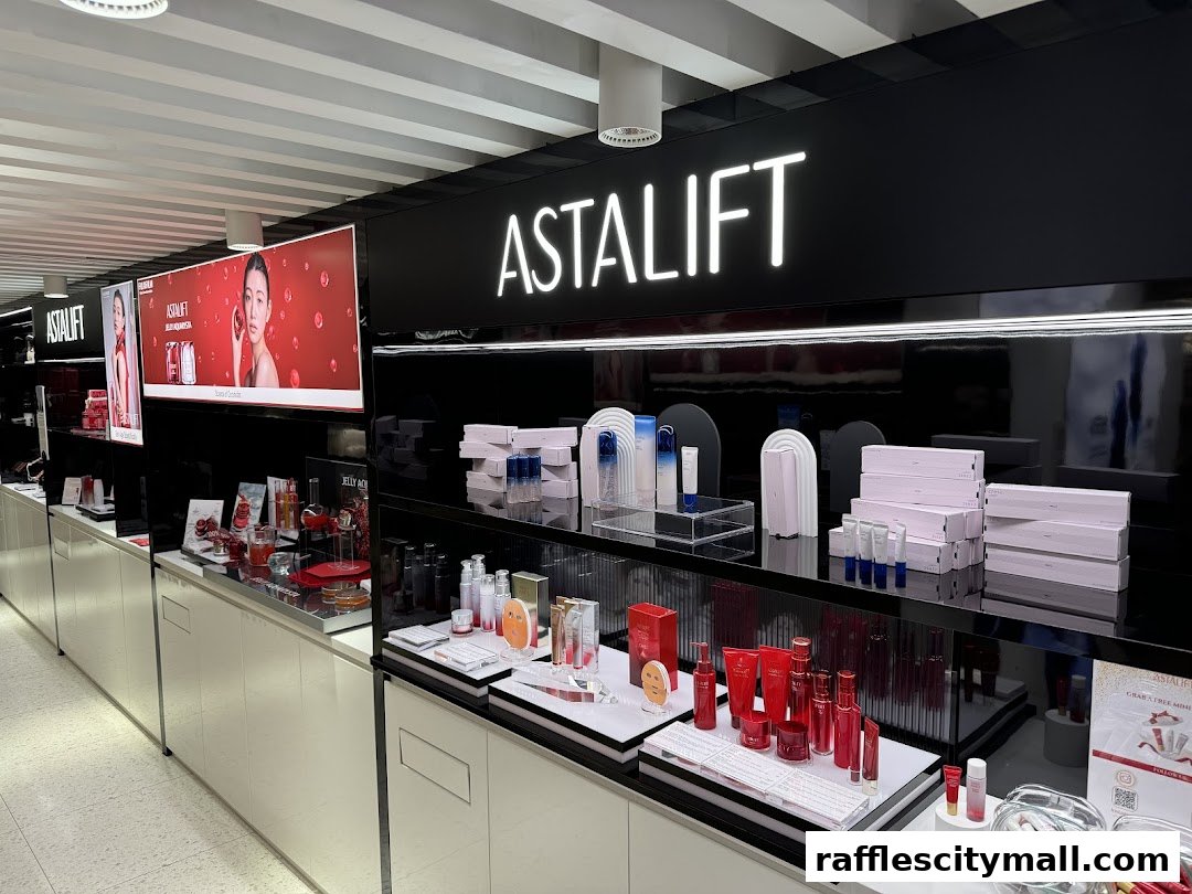 Astalift shop interior showcasing skincare products and promotional displays.