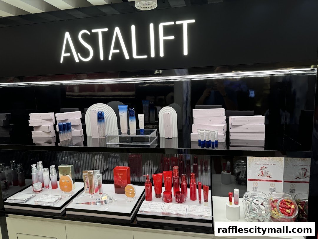 Astalift shop interior showcasing skincare products and branded signage.