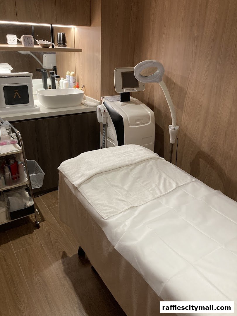 A clean treatment room with a bed, medical equipment, and a sink area.