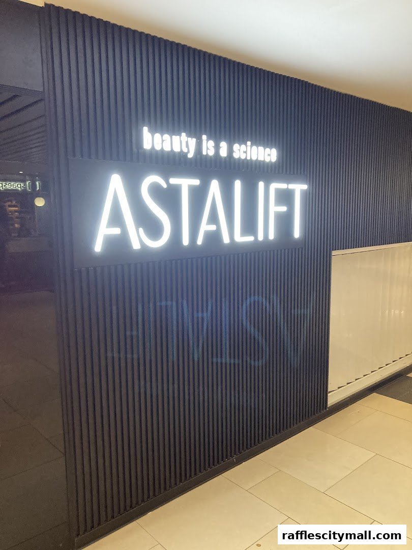 The Astalift shop front with its illuminated logo and tagline 'beauty is a science'.
